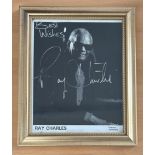 Ray Charles signed 12x10 inch overall framed black and white promo photo. Good condition. All