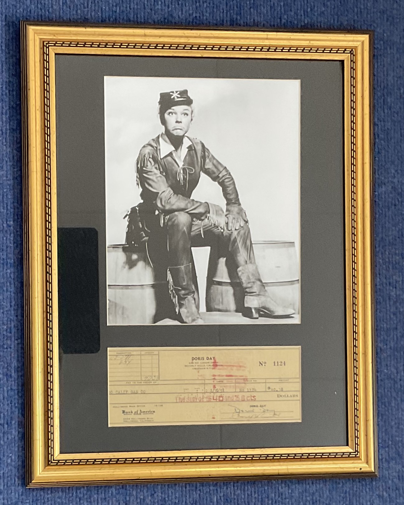 Doris Day 18x14 inch overall mounted and framed signed cheque and vintage Calamity Jane black and