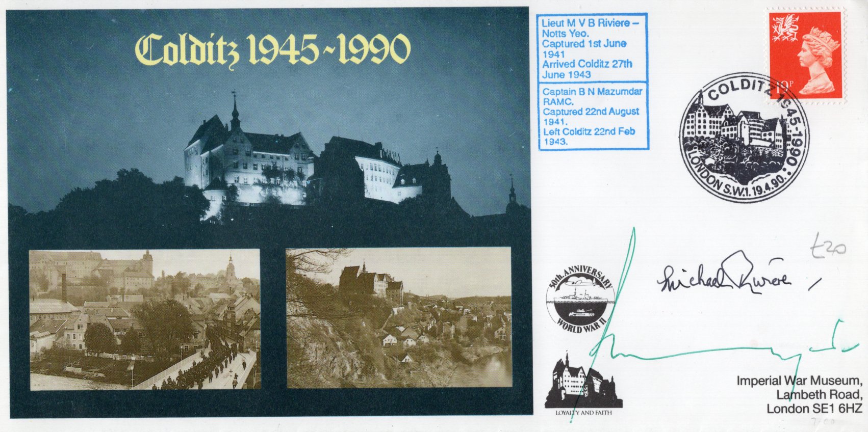 Colditz Castle WWII Prisoner of War camp cover signed by TWO former inmates in Lt Michael Riviere