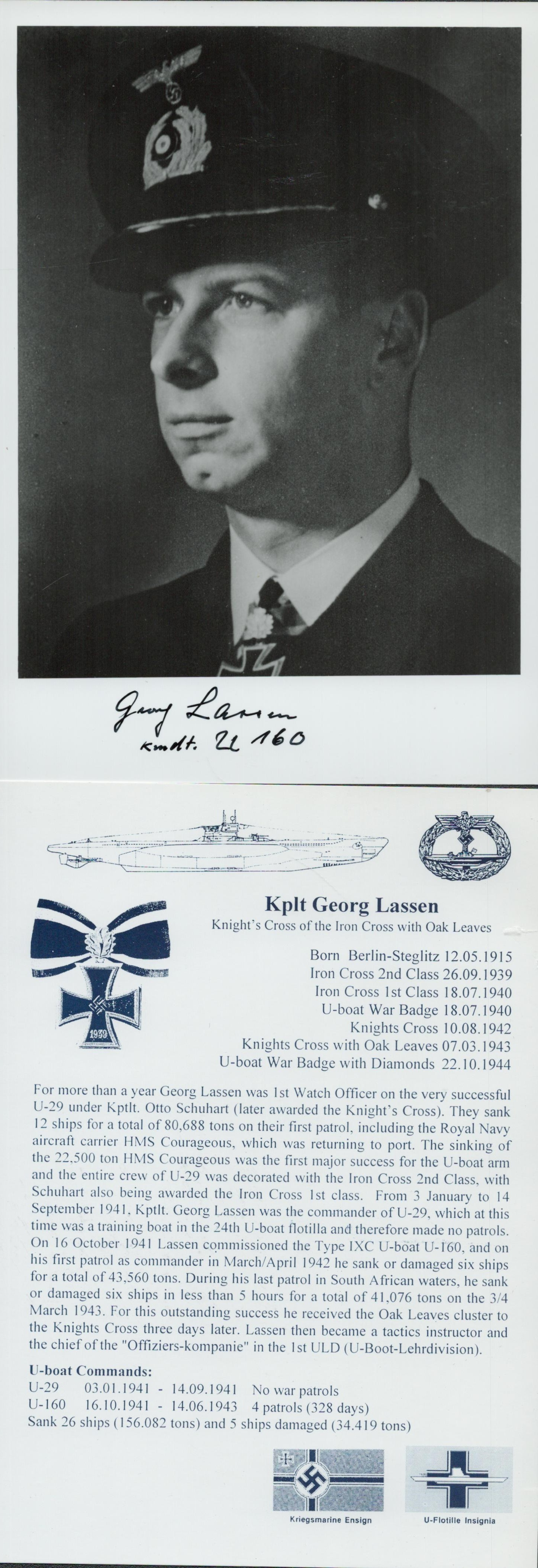 WWII Kplt Georg Lassen signed 6x4 inches black and white photo. Georg Lassen (12 May 1915 - 18