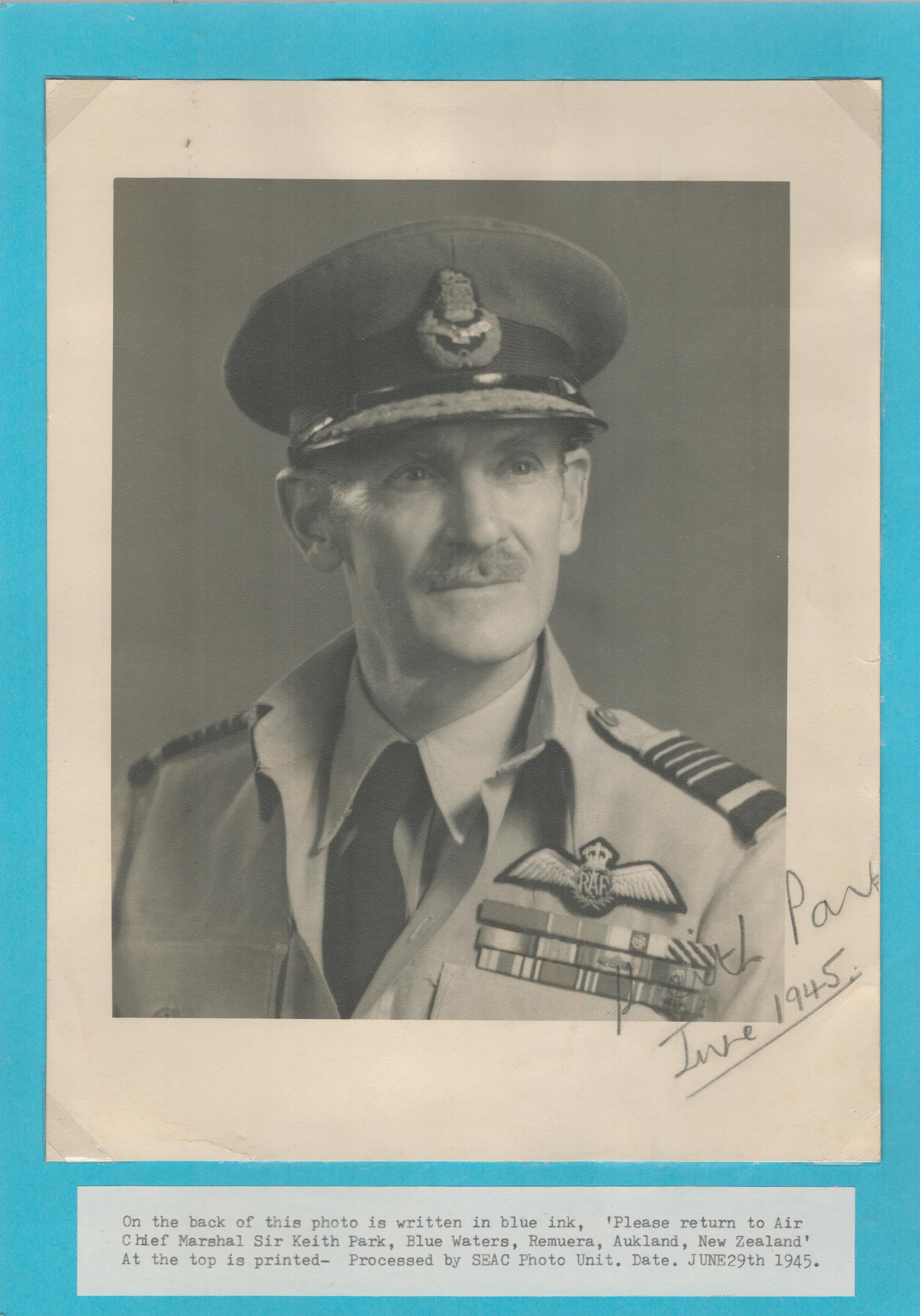 WW2 Battle of Britain. ACM Sir Keith Park Signed 10 x 8 inch Black and White Vintage Photo in Pencil