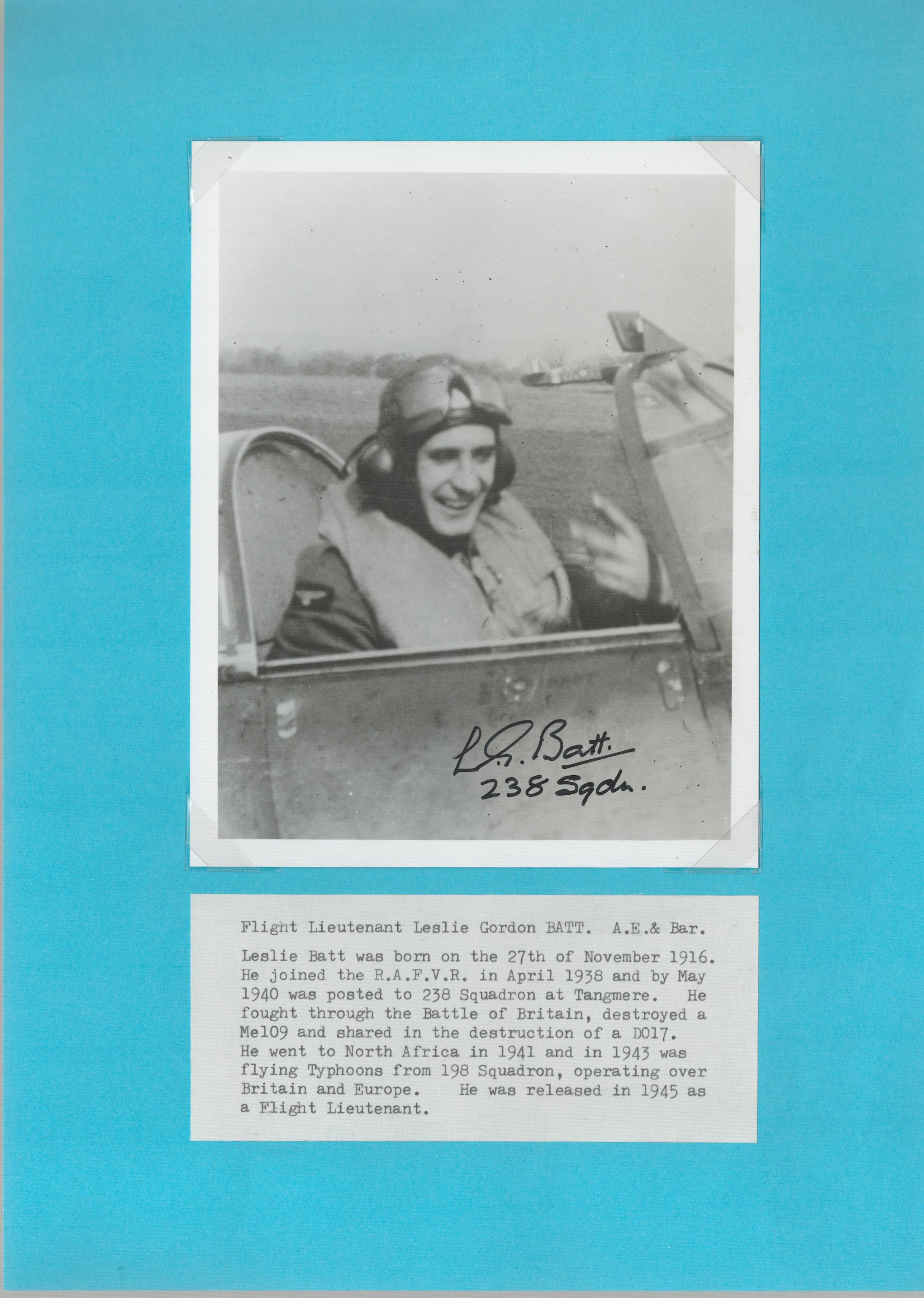 WW2 Battle of Britain. Flt Lt Leslie G Batt AE & Bar Signed 7 x 5 inch Black and White Glossy Photo.