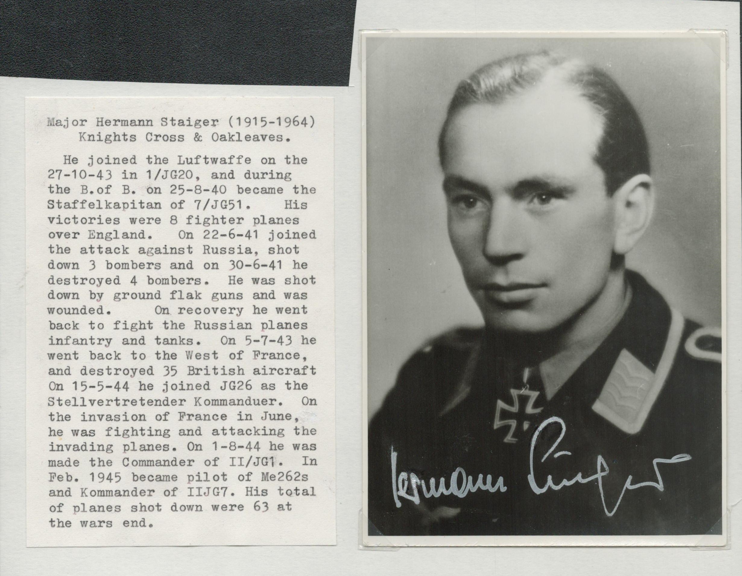 WWII Major Hermann Staiger signed 6x4 inches vintage black and white photo. Good condition. All