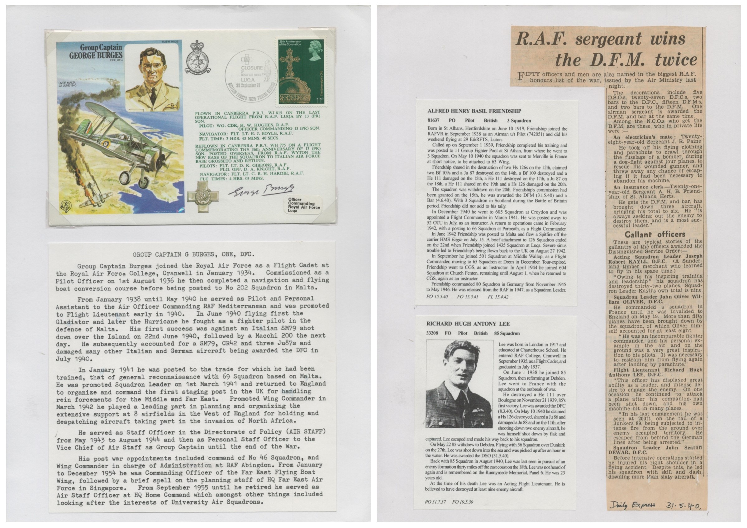 WW2 BOB GR/CPT George Burgess OBE, DFC signed Commemorative FDC PM Closure of Royal Air Force LUQA