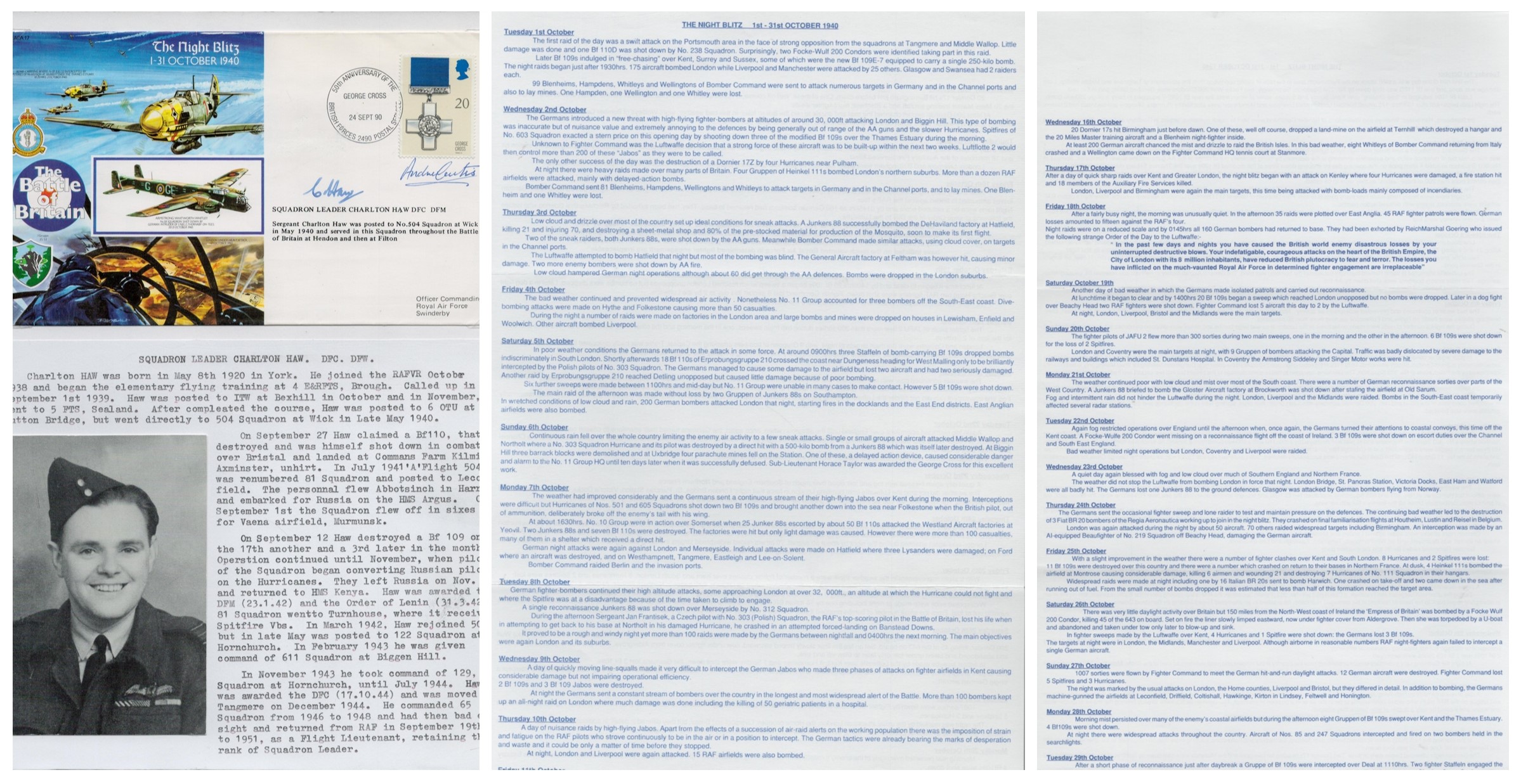 WW2 BOB SQ/LDR Charlton Haw DFC, DFW signed Battle of Britain The Night Blitz 1-31 October 1940