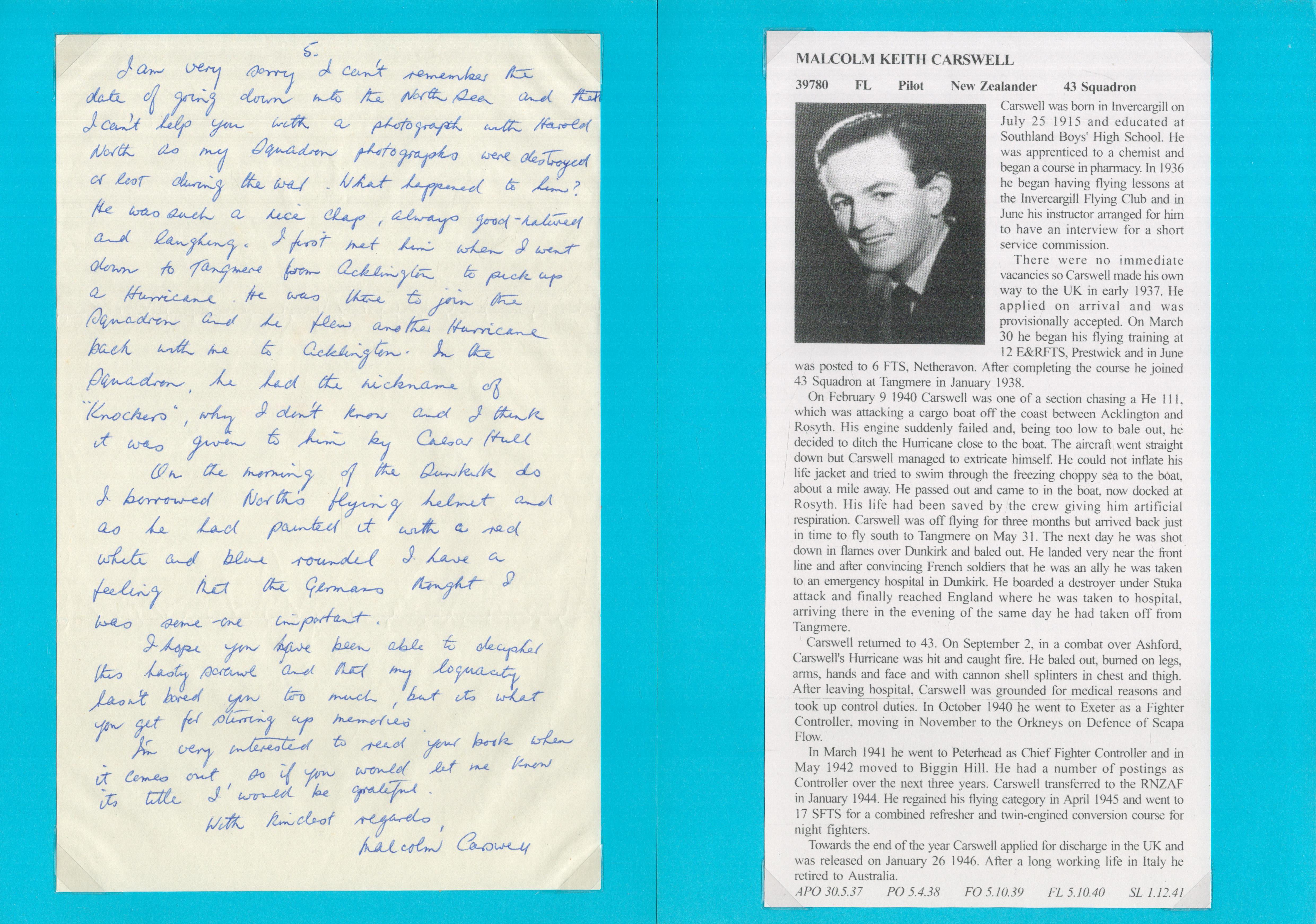 WW2 Battle of Britain. Flt Lt Malcolm K Carswell Signed Handwritten Letter Dated 3rd December. 5 - Image 3 of 3