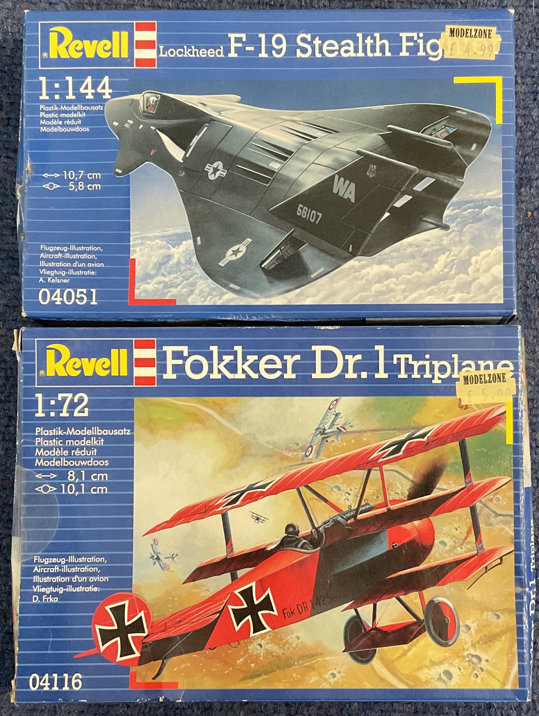 F 19 Stealth Fighter & Fokker Dr. 1 Triplane Plastic Model Kits (Scale 1:144 & 1:72) by Revell