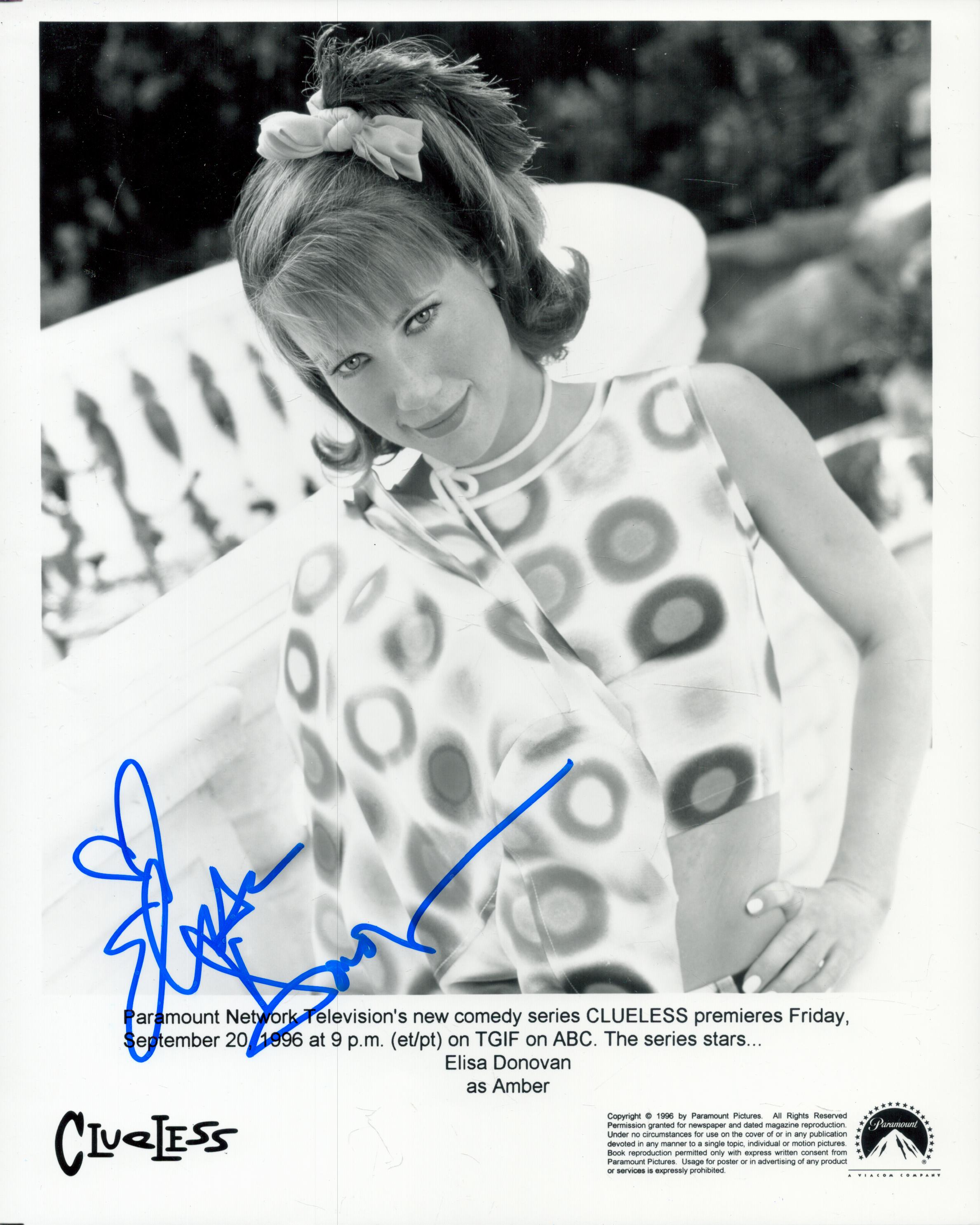 Elisa Donavan signed 10x8 inch black and white Clueless promo photo. Good condition. All