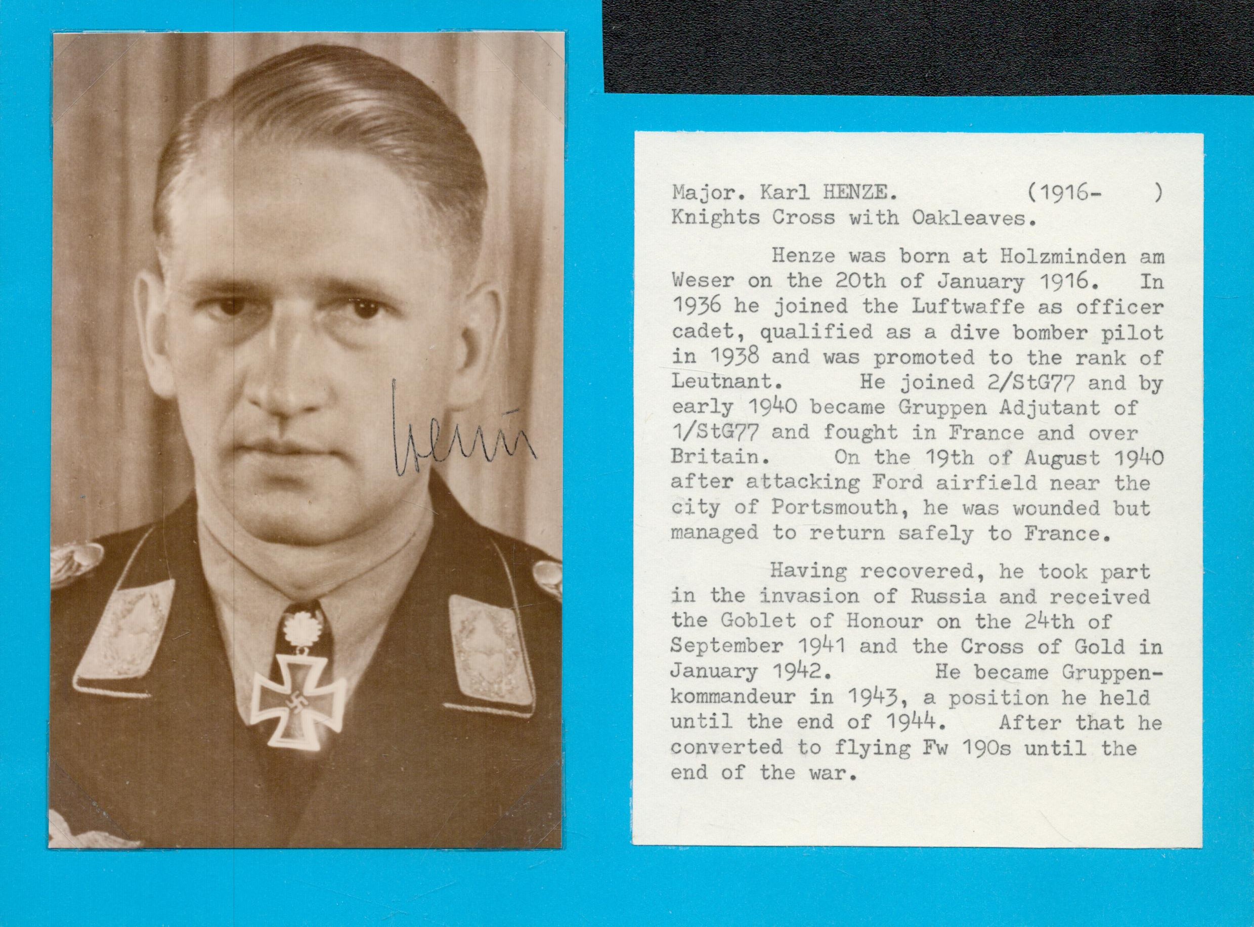 Major Karl Henze (1916 1985) signed WWII sepia 6x4 vintage postcard photo. Karl Henze (20 January