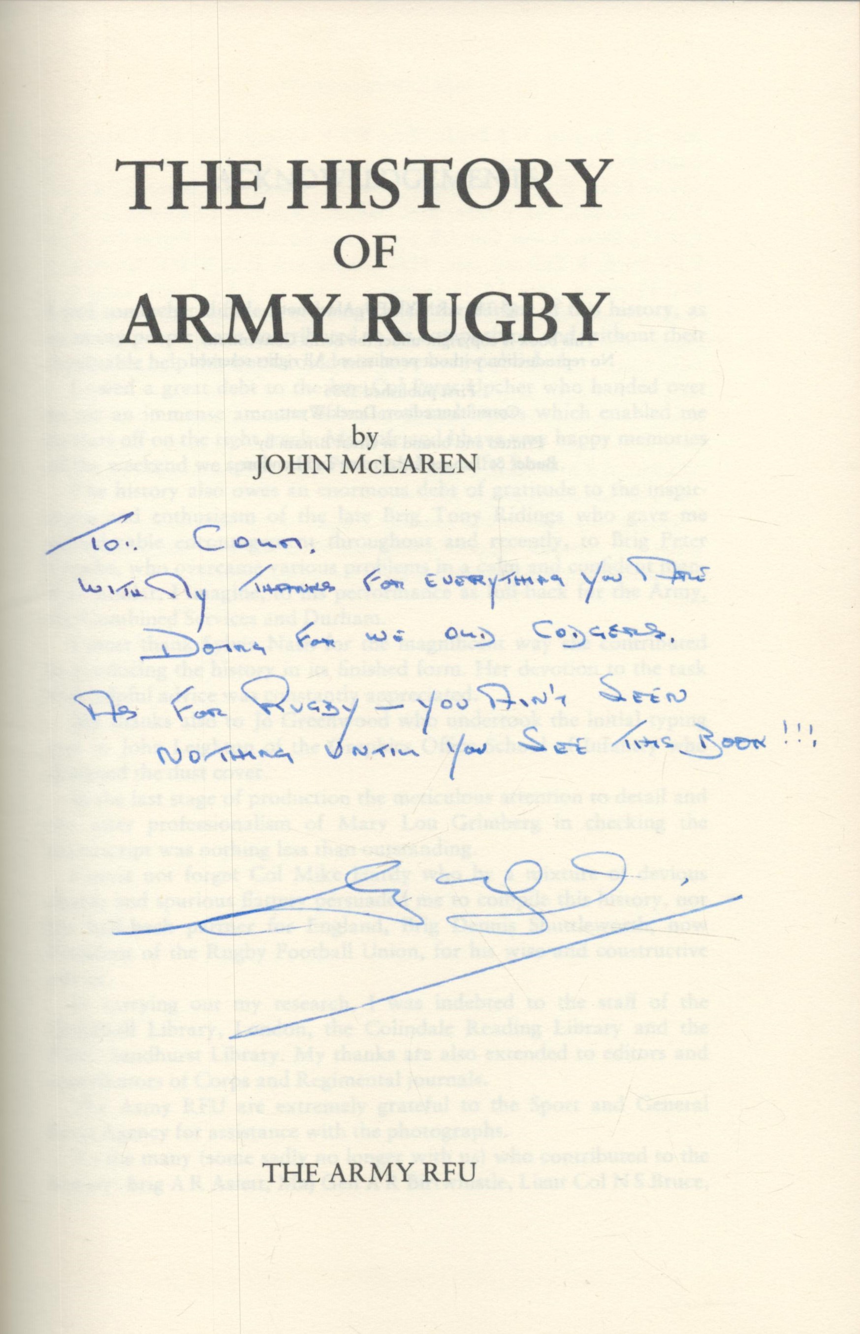 Book. John McLaren Signed The History of Army Rugby 1st Edition Hardback Book. Dedicated with - Image 2 of 3