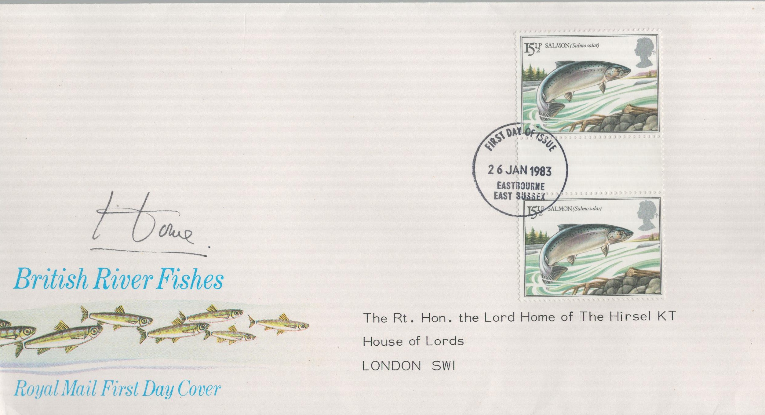 British River fish Fdc cover 1983 signed to and by Home of the Hirsel KT. Good condition. All