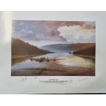 WW2 Colour Print Titled Dam Practice by G L WRIGHT Multi Signed in Pencil by Les Smith DFC, A Roddis