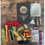 Military. Collection of medals, ribbons, dog tags, clock, whistle, vintage lighter. Good