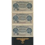 WW2. German 1939-45 Nazi Germany Occupation 5 Reichsmark Banknotes Third Reich. 3 Banknotes.