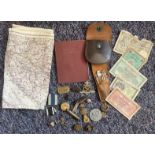 Historic. Collection of pin badges, Raid Spotters note book, grooming kit, a ribbon, a bullet,