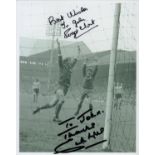 Emlyn Hughes and Roger Hunt signed 10x8 inch black and white photo pictured in action for Liverpool.