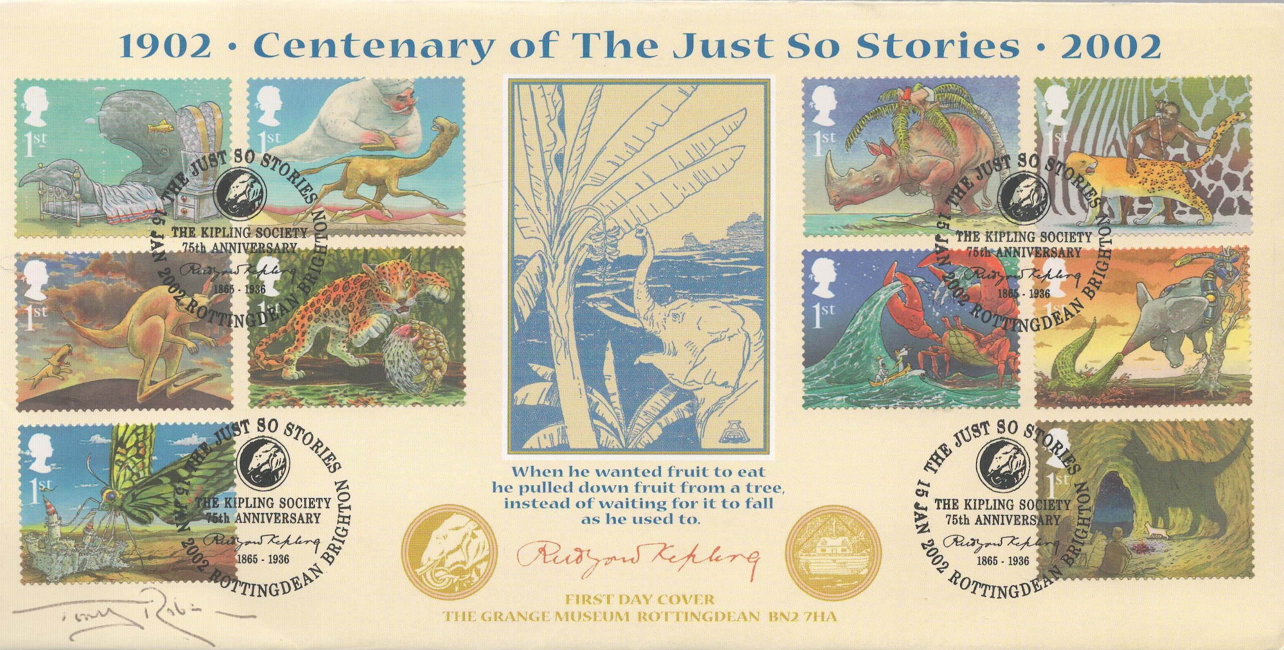 Tony Robinson signed 1902 Centenary of the just so stories 2002 FDC. 10 Stamps and 4 postmarks The