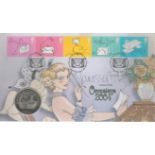 Vanessa Feltz signed Occasions 2004 FDC. 3 postmarks, 5 stamps and coin. Good condition. All