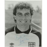 Peter Shilton signed 10x8 inch black and white photo pictured while on England duty. Good condition.