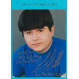 Lincoln A. Castellanos signed colour photo. Dedicated. An American Actor. On an A4 blue sheet.