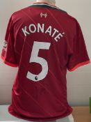 Football Ibrahima Konate signed Liverpool F.C replica home shirt size large. Good condition. All