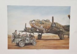 WW2 Colour Print Titled Somewhere in England by Steve Pepper. Measures 25x17 inches appx. Good