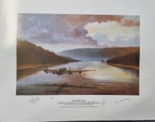 WW2 Colour Print Titled Dam Practice by G L WRIGHT Multi Signed in Pencil by Les Smith DFC, A Roddis