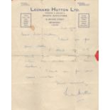 Cricket Legend Len Hutton Signed ALS on Personal Headed Paper Dated October 6th, 1953. Showing Signs