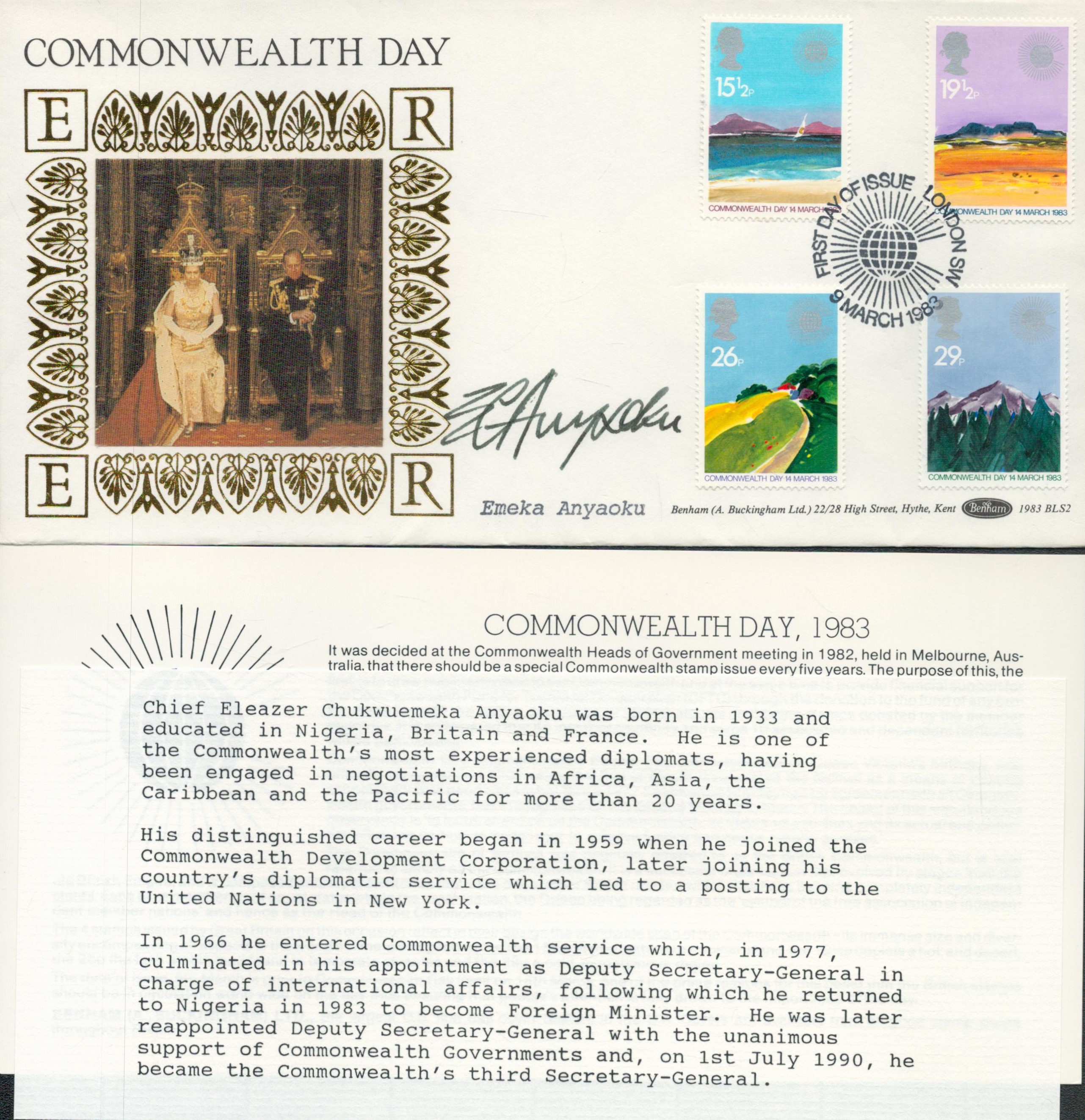 Chief Emeka Anyaoku Signed Benham FDC Commonwealth Day, 09/03/1983, with 4 x Stamps and Postmark,