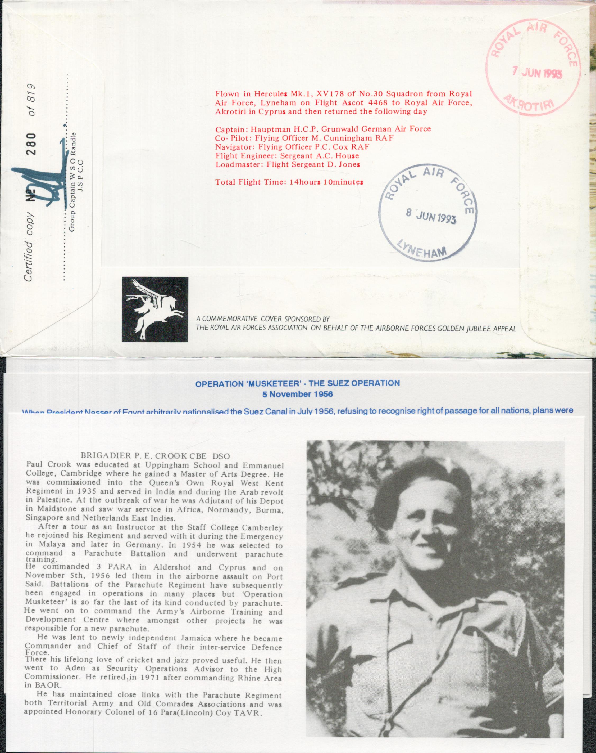 Brigadier Paul E Crook Signed and Flown FDC Malaya Cyprus and Suez, 11/05/1993, with Stamp and - Image 2 of 2
