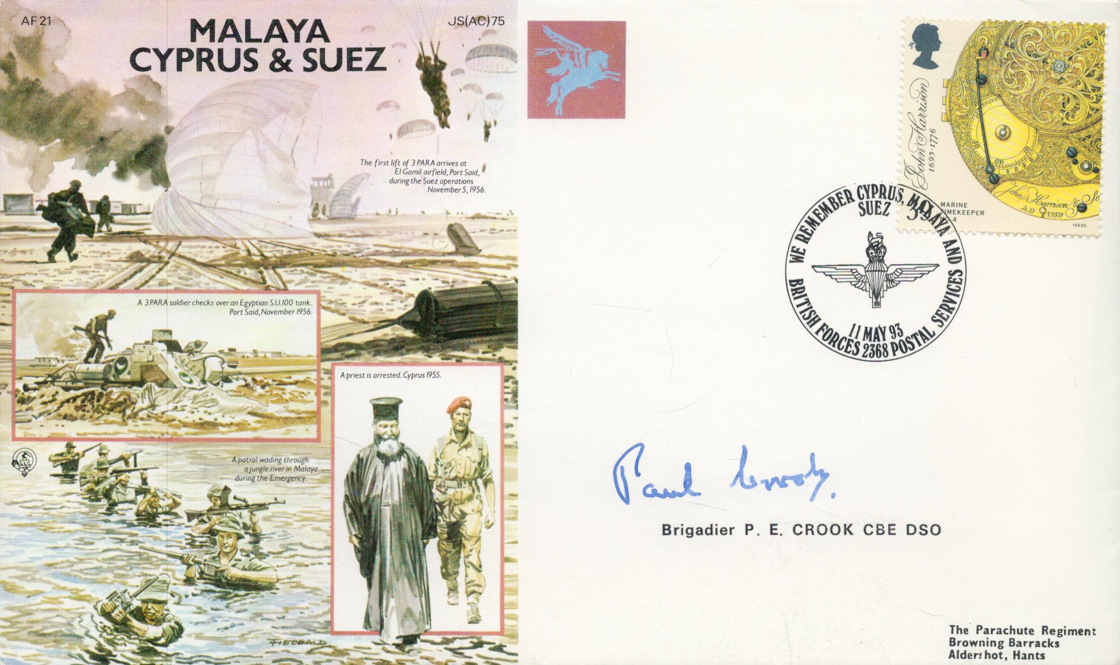 Brigadier Paul E Crook Signed and Flown FDC Malaya Cyprus and Suez, 11/05/1993, with Stamp and