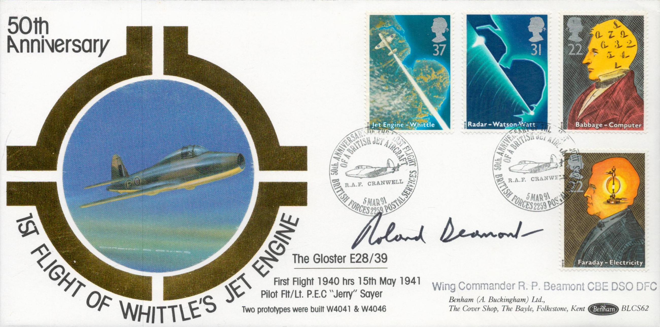 Wing Commander Roland P Beamont Signed and Flown Benham FDC 50th Anniversary - 1st Flight of