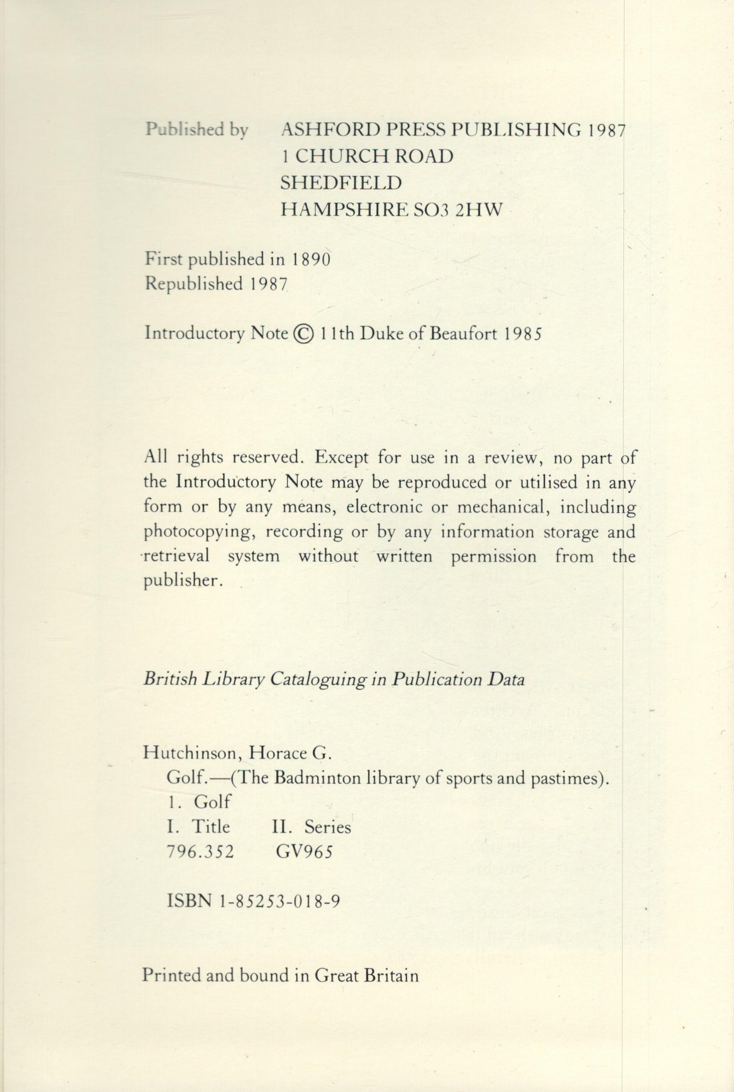 Golf. Facsimile of previous edition, republished 1987 by the Ashford Press, Southampton. Fine copy - Bild 3 aus 3