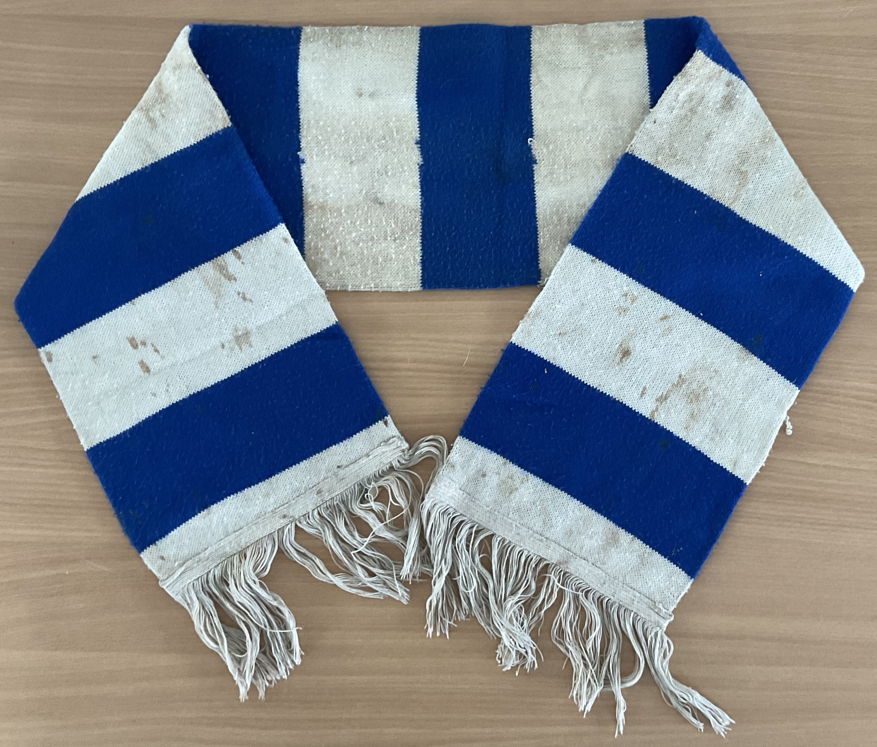 Early Chelsea blue and white scarf. Manufactured by Sportscene Ltd. Reasonable condition.