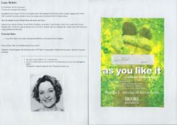 Lucy Briers Signed Flyer (as you like it) includes (Black and White) unsigned photo approx 3 x 4