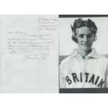 DOROTHY TYLER ODAM Hand signed Letter with 1936 Olympic Games Photo. Good condition. All