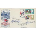 Bobby Moore, Alf Ramsey and Stanley Matthews signed 1966 FDC. Good condition. All autographs are