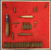 Mounted Display of Ammunition, with Various Types and Sizes of Ammo, Approx Size 18.5 x 18.5 inches,