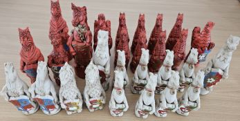 Heraldic Mythology Chess Pieces set colour 14 Red and 14 White. 2 Dogs ear broken and Incomplete