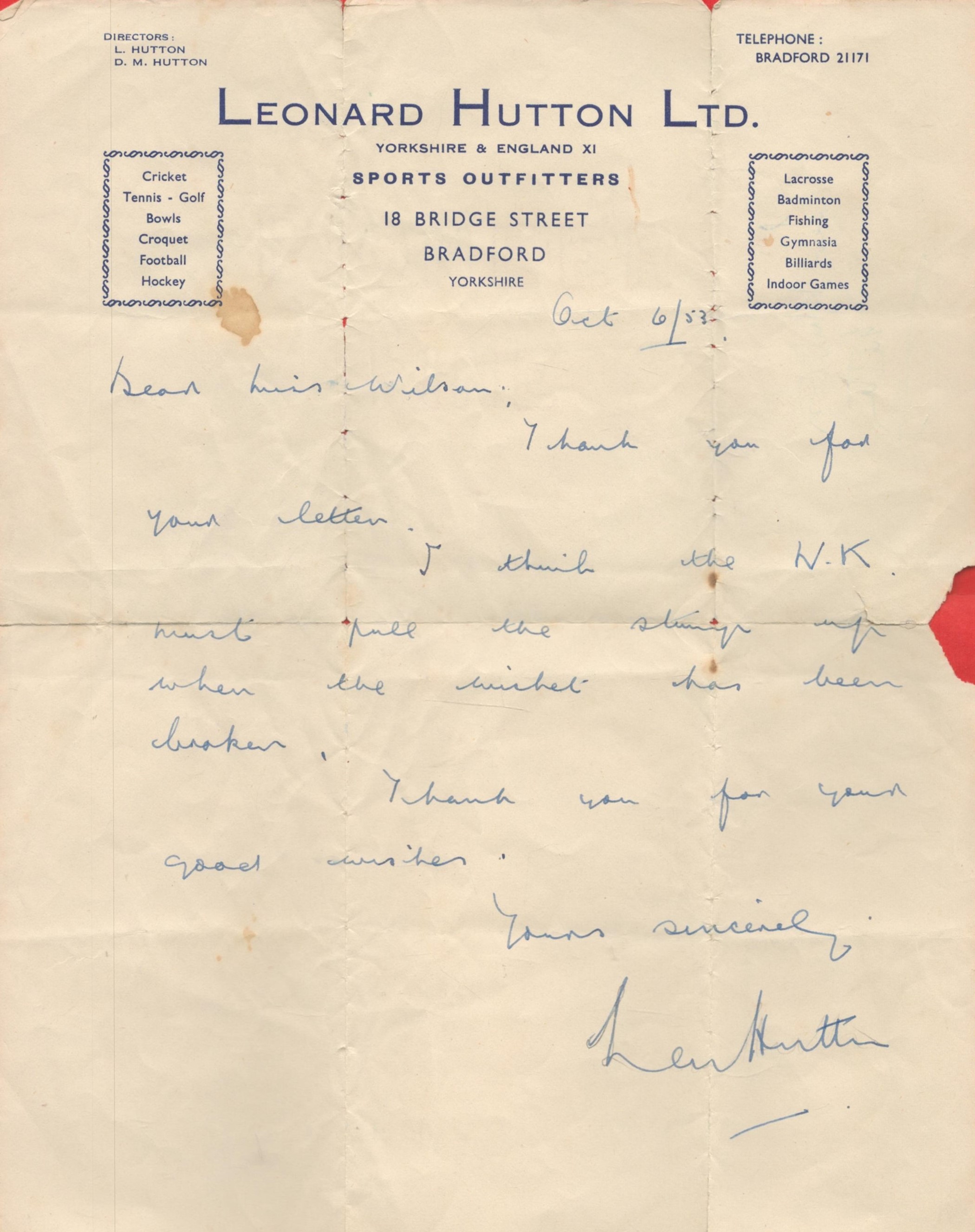 Cricket Legend Len Hutton Signed ALS on Personal Headed Paper Dated October 6th, 1953. Showing Signs