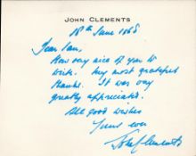 TV Film John Clements signature piece. Good condition. All autographs are genuine hand signed and