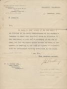 John Bradbury, 1st Baron Bradbury TLS dated 5 December 1918 on Treasury Head paper interesting