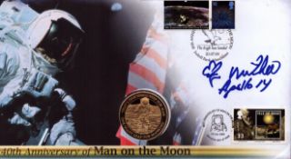 Ed Mitchell signed 40th anniv of Man on the Moon FDC. Complete with commemorative coin inset. Good