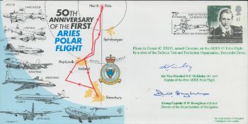 Mckinley and Broughton signed 50th anniv of the first Aries polar flight cover. Good condition.