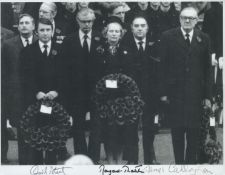 Margaret Thatcher, James Callaghan and David Steel multi signed 10x8 inch black and white photo.