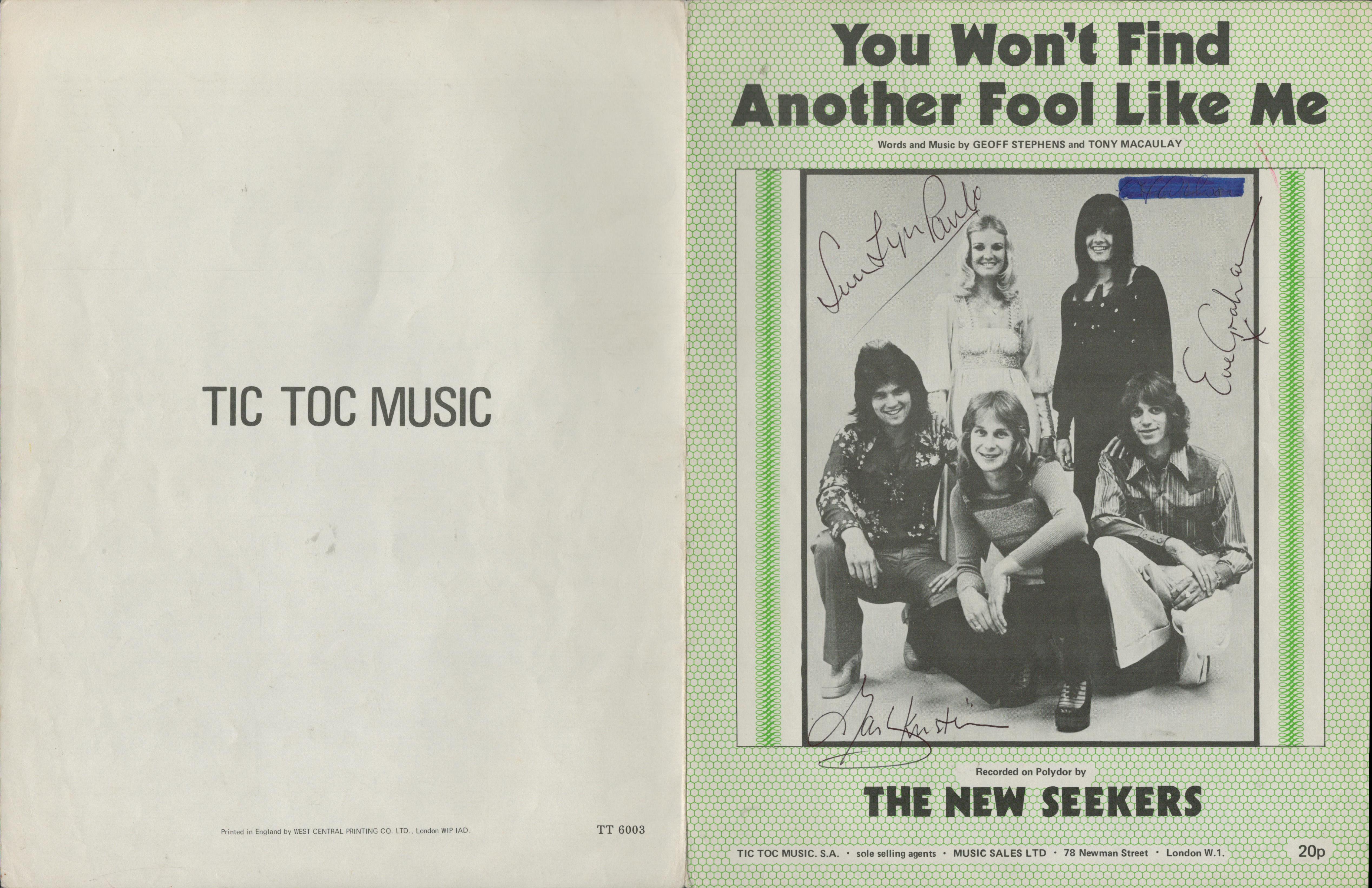 The New Seekers British Pop Group Vintage Sheet Music 'You Won't Find Another Fool Like Me' Signed