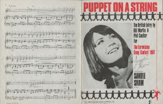 Sandie Shaw English Pop Singer Signed Vintage Sheet Music 'Puppet On A String'. Good condition.
