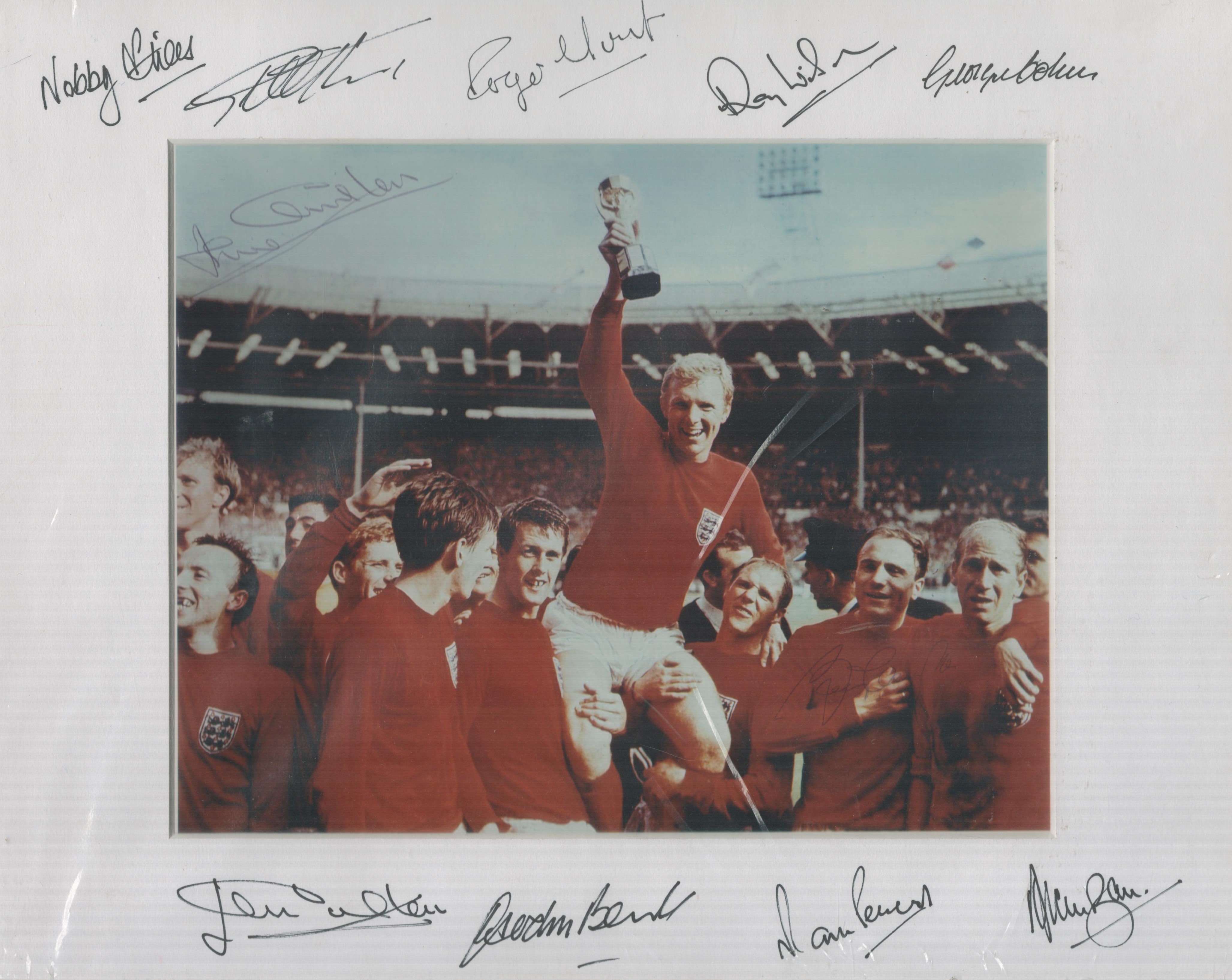 England 1966 World Cup Winners 14x11 inch overall mounted signature piece includes 9 signatures