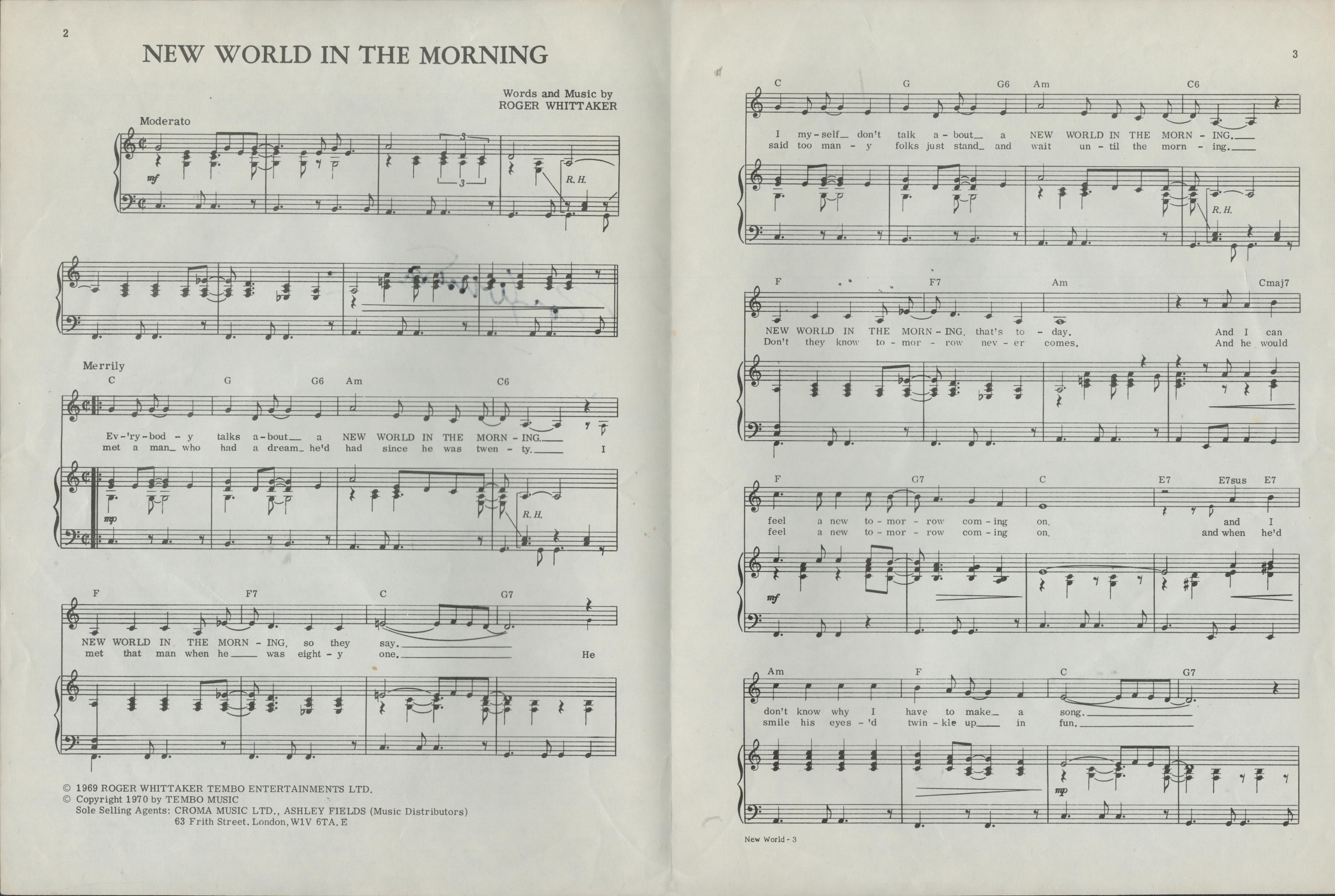 Roger Whittaker British Singer Signed Vintage Sheet Music 'New World In The Morning'. Good - Image 2 of 2