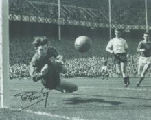 Football Pat Jennings signed 10x8 inch black and white vintage photo pictured in action for